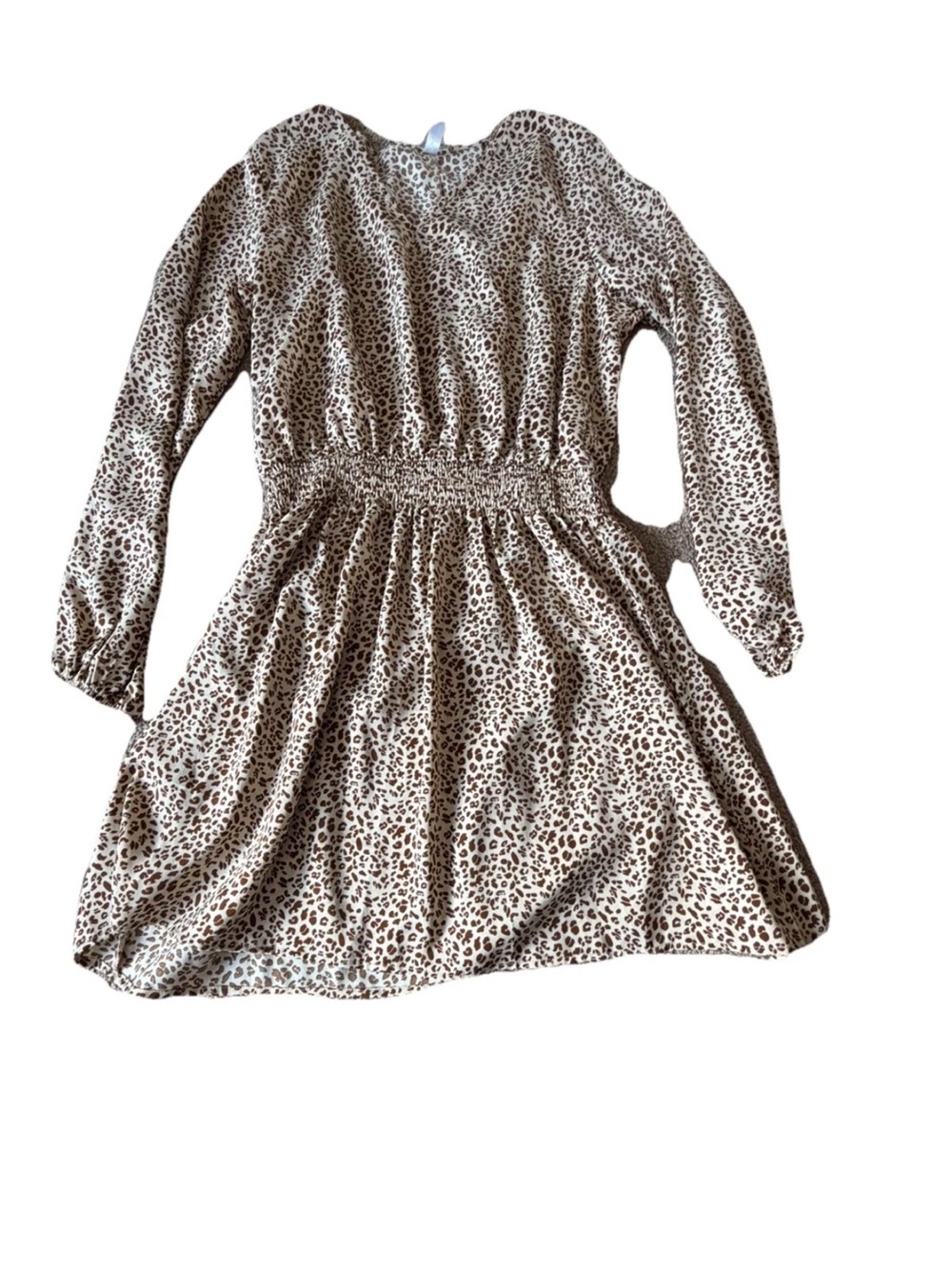Leopard Print Long-Sleeve Midi Dress in Tan
